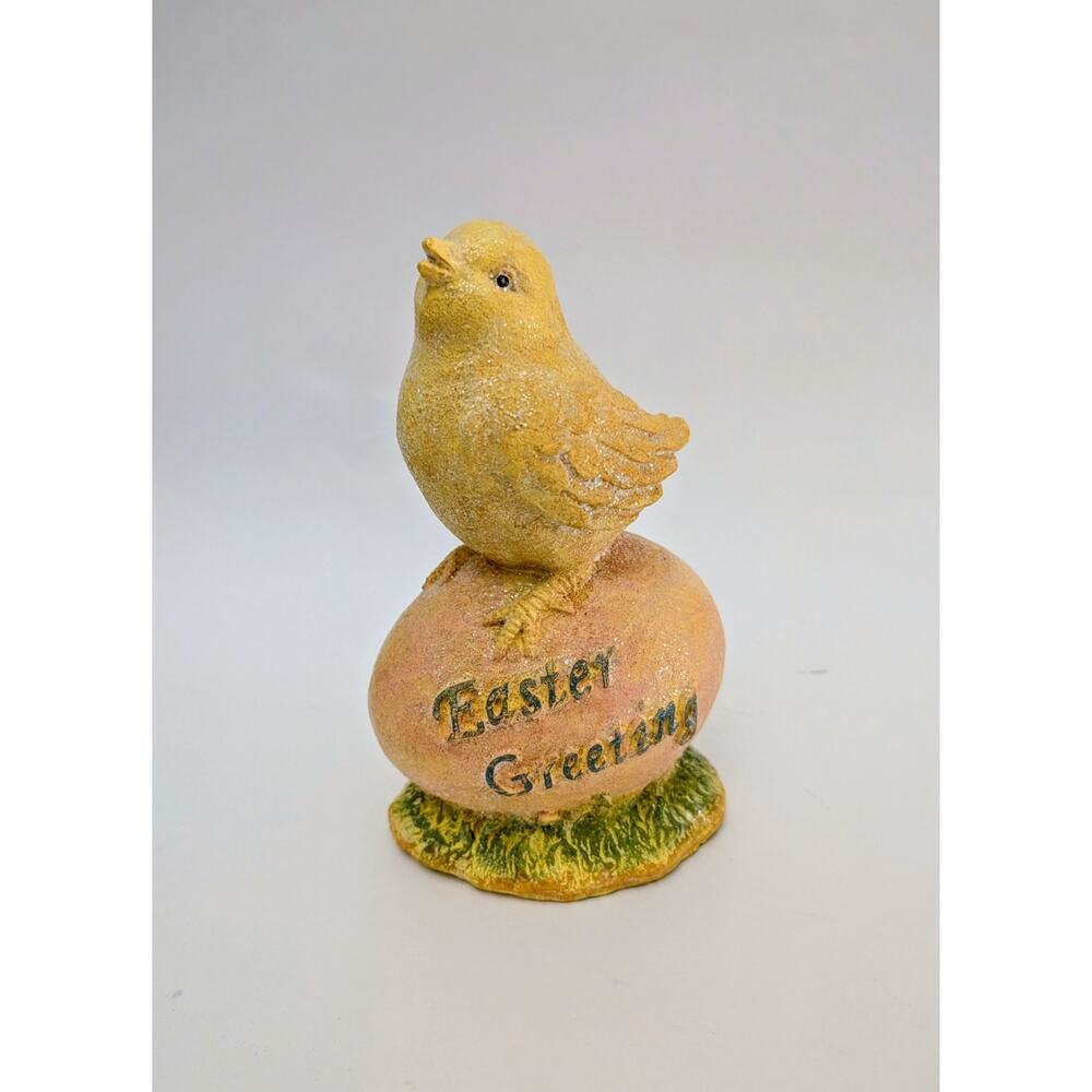Glittered Chick On Egg Easter Greetings 7" Vintage Style Pink Yellow